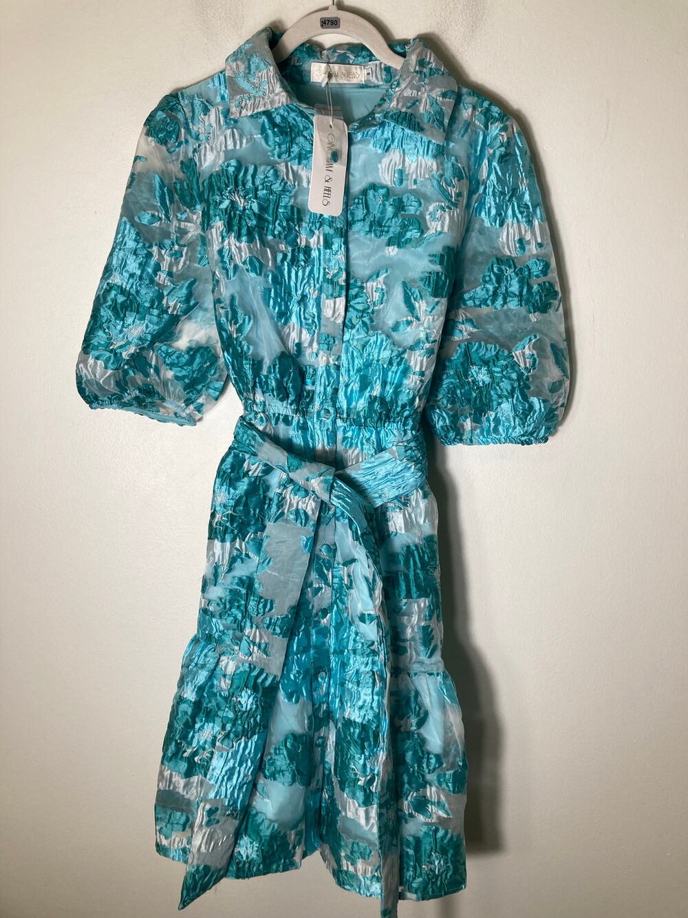 NWT Gingham & Heels Glazer Aqua Jacquard Dress Sz 8